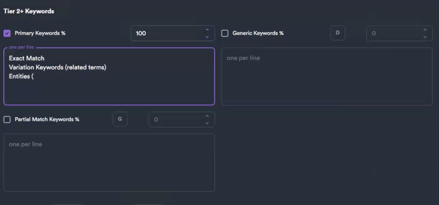 SEO Neo Tier 2+ Keywords screen — Primary Keywords at 100% with Exact Match, Variation Keywords, and Entities
