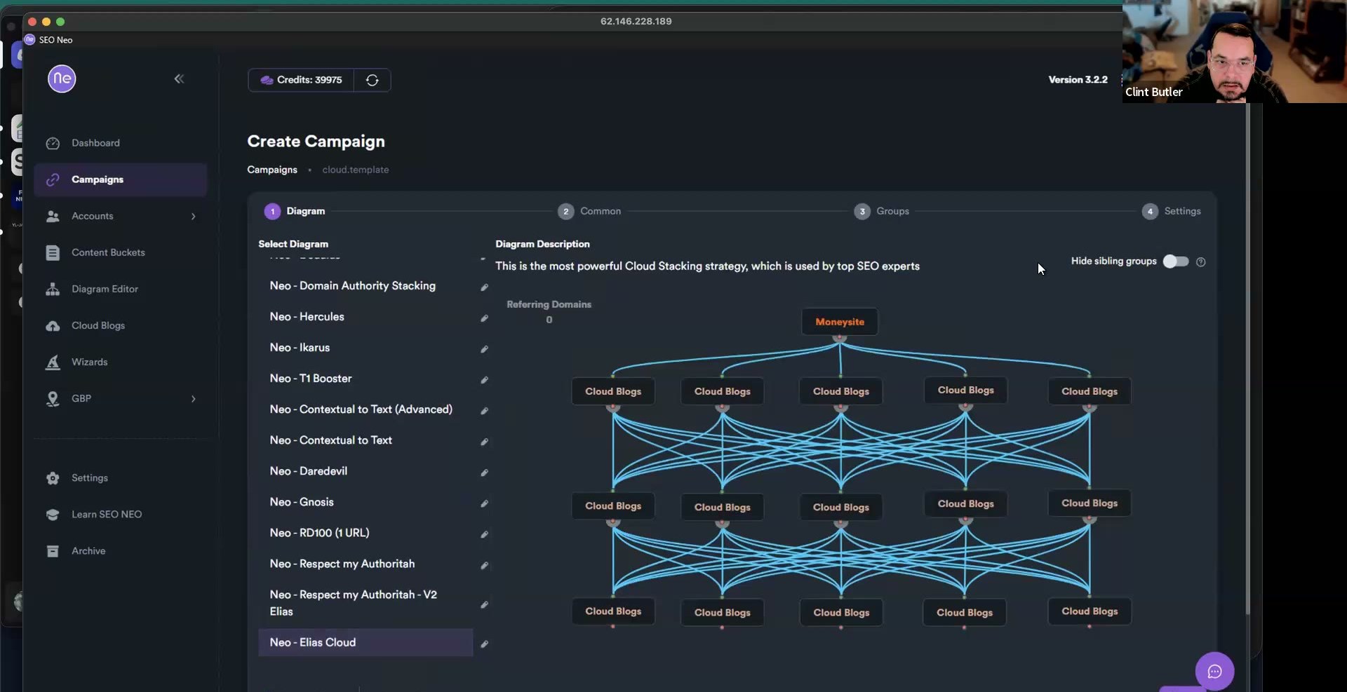 SEO Neo Diagram Editor — the Select Diagram dropdown with "Neo - Elias Cloud" chosen and the Moneysite → Cloud Blogs graph rendered