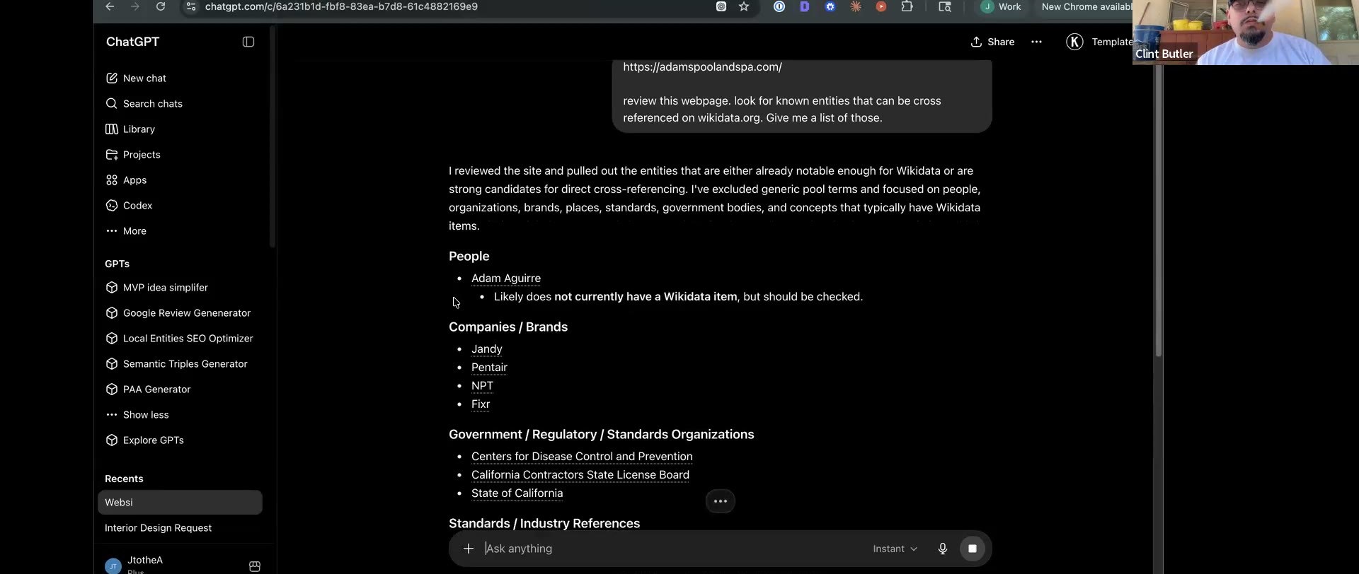 ChatGPT sidebar listing Clint's custom GPTs — Local Entities SEO Optimizer, Semantic Triples Generator, PAA Generator, Google Review Generator, Website Entity Review — beside a generated entity list for adamspoolandspa.com