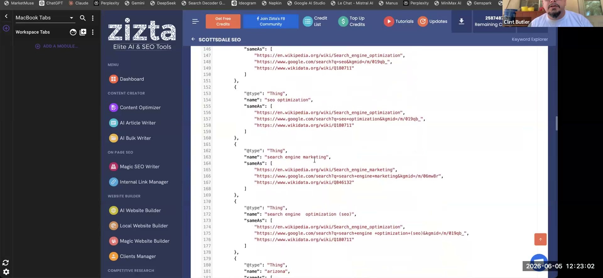 Zista entity-explorer report (header "SCOTTSDALE SEO") showing generated JSON-LD — each Thing's sameAs array pairs a Wikipedia URL, a Google kgmid=/m/… machine ID, and a Wikidata Q-id