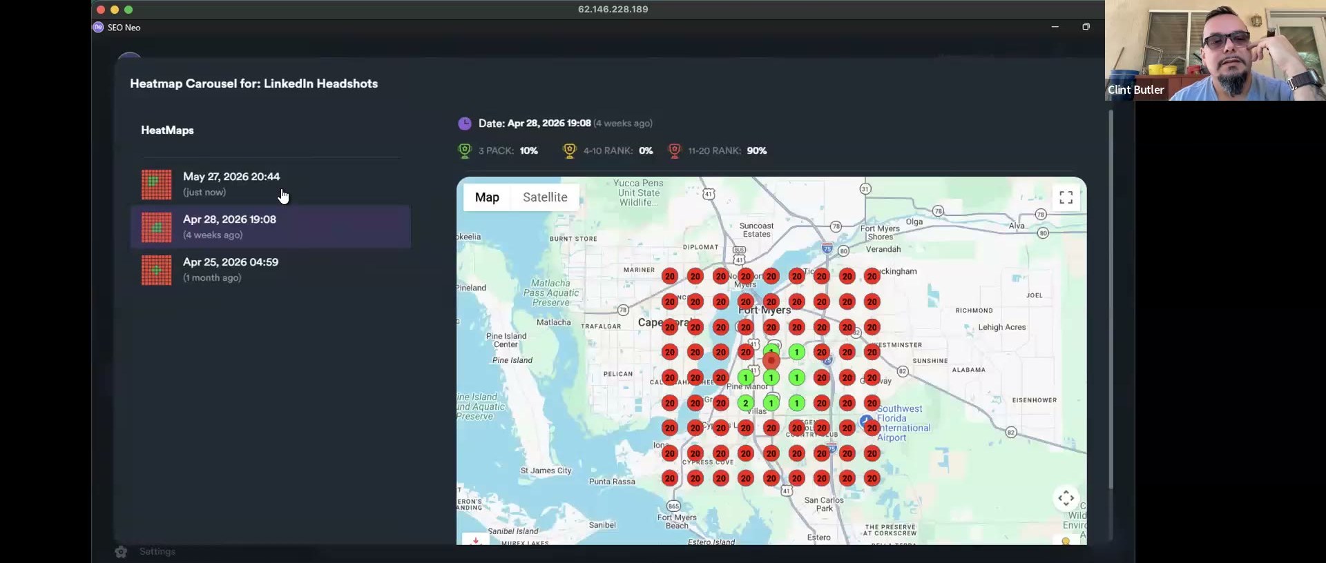 SEO Neo Heatmap Carousel for LinkedIn Headshots — 3-PACK 10% / 4-10 RANK 0% / 11-20 RANK 90% on a grid overlaid on a Fort Myers FL map