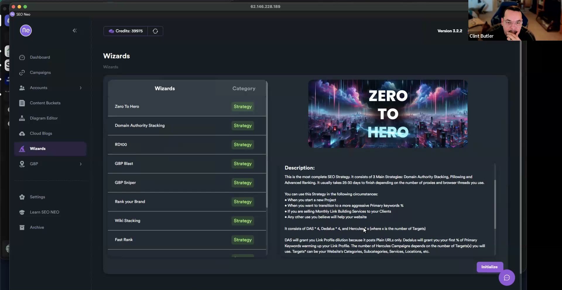SEO Neo Wizards table with the Zero To Hero detail pane open, describing DAS × 4, Dedalus × 4, and Hercules × x