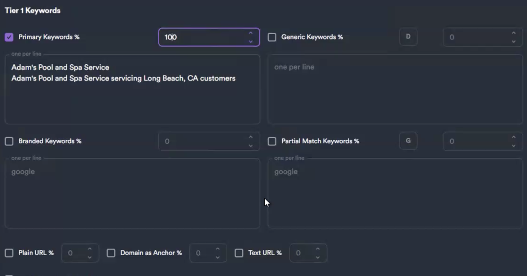 SEO Neo Tier 1 Keywords screen for Adam's Pool and Spa — Primary Keywords set to 100% with the brand and a brand-partial-match line