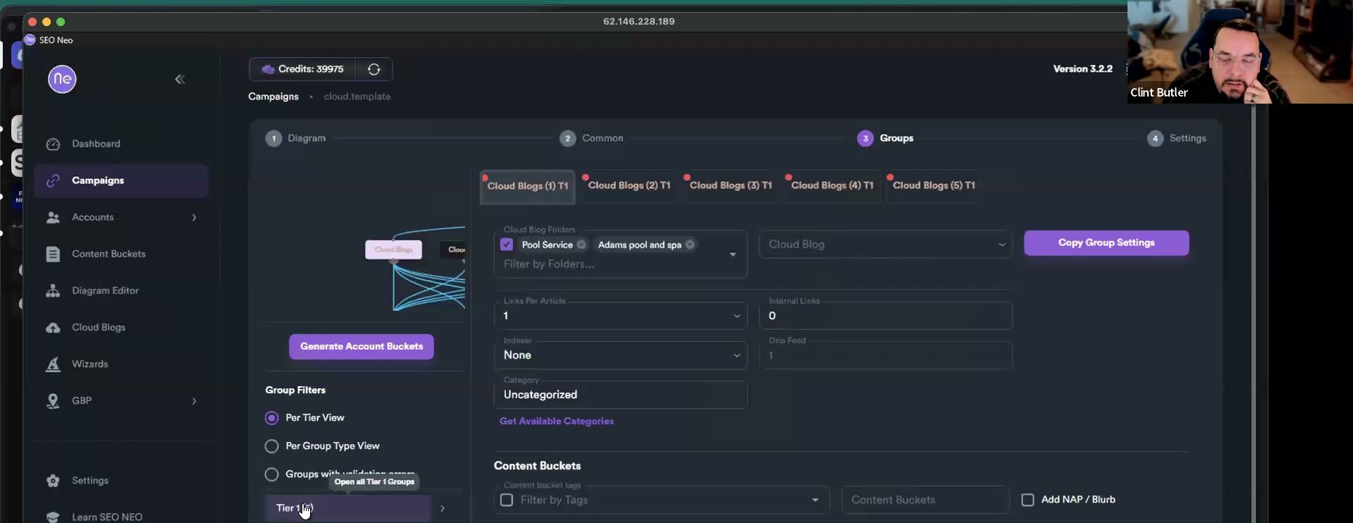 SEO Neo Elias Cloud tier-assignment view — Tier 1 (5) / Tier 2 (25) / Tier 3 (125) rail with the per-slot Cloud Blog Folders, Content Buckets, Internal Links and NAP panel
