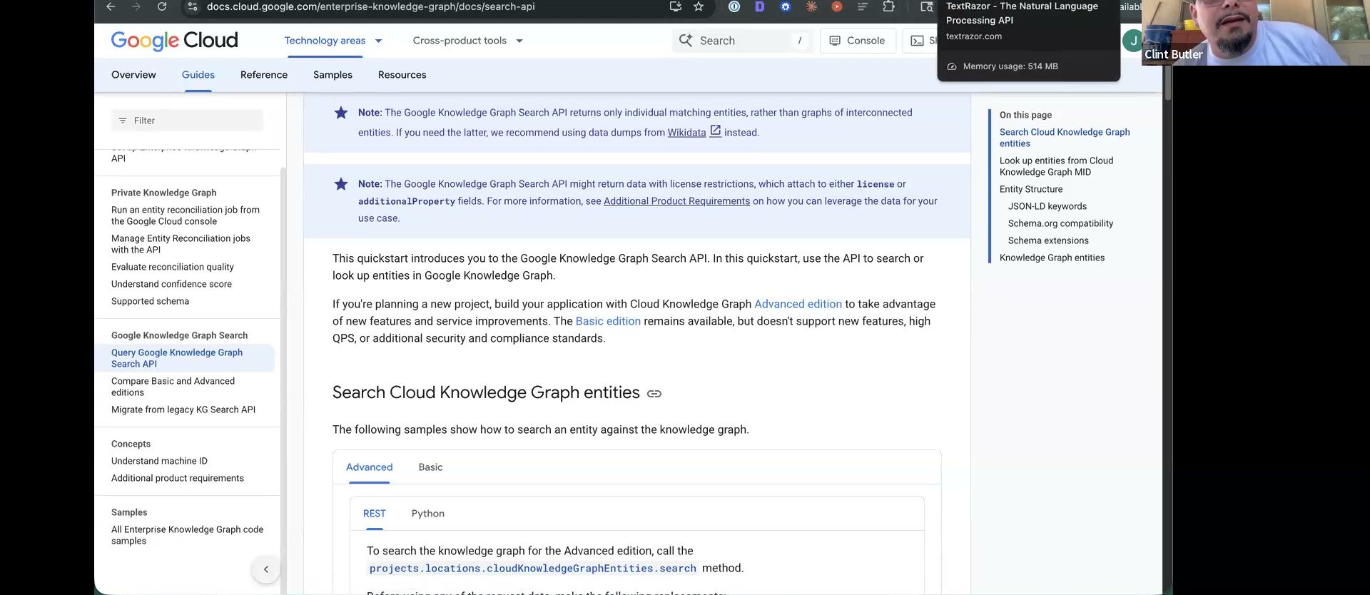 Google Cloud Console — the Enterprise Knowledge Graph "Search Cloud Knowledge Graph entities" docs, sidebar showing Cloud Knowledge Graph MID and the Advanced vs Basic edition note