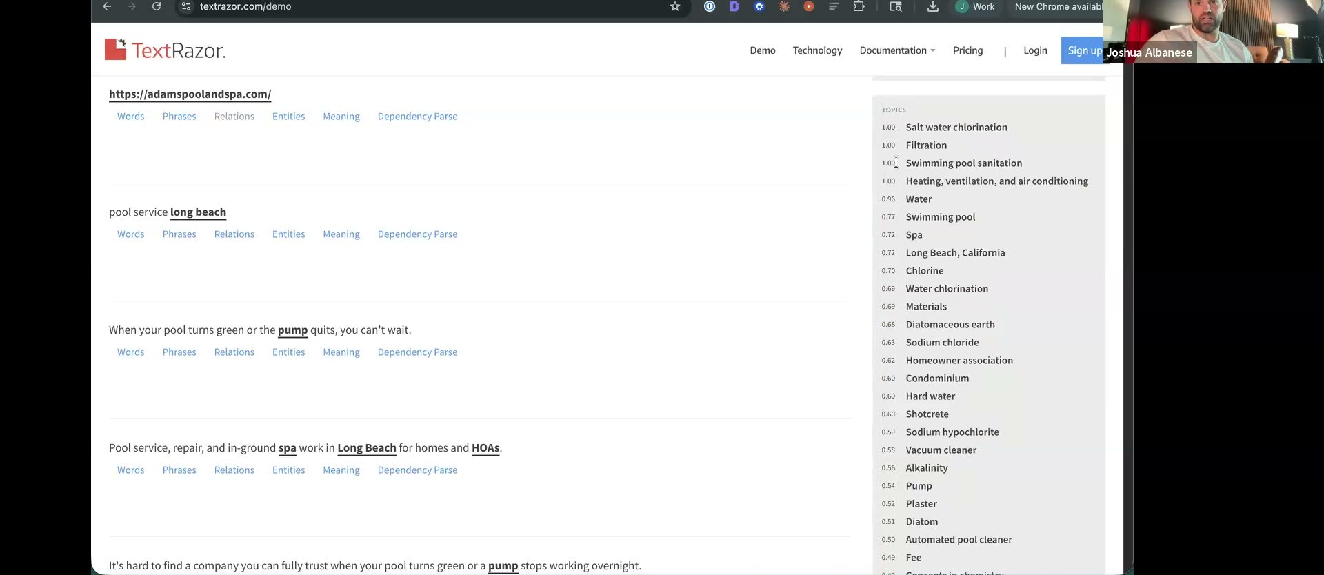 TextRazor demo output for adamspoolandspa.com — analyzed page text on the left with entity links, a relevance-scored topic list on the right (Salt water chlorination, Filtration, Swimming pool sanitation, …)