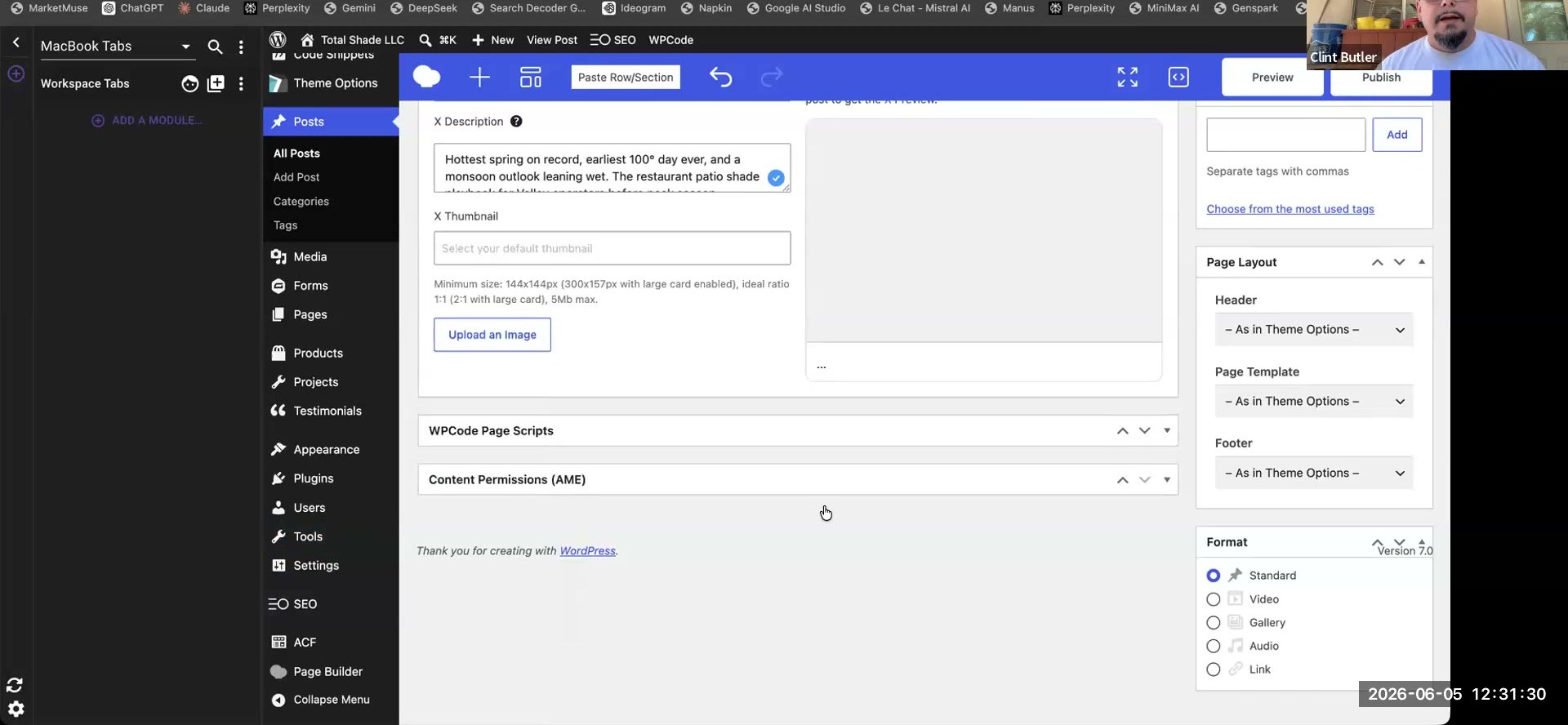 Total Shade LLC WordPress post editor (post 13807) — the WPCode Page Scripts panel and SEO/WPCode admin menus where per-page or site-wide schema is injected