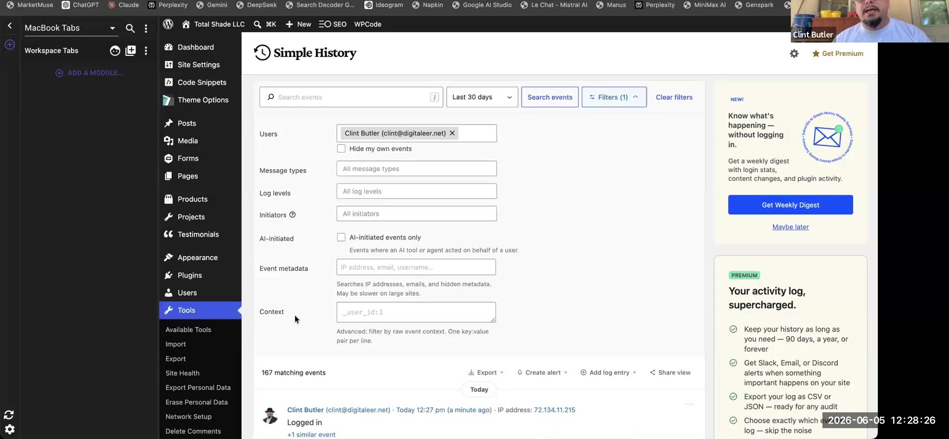Simple History activity log on the Total Shade LLC WordPress admin — filterable change history (167 matching events) showing edits made under the editing user