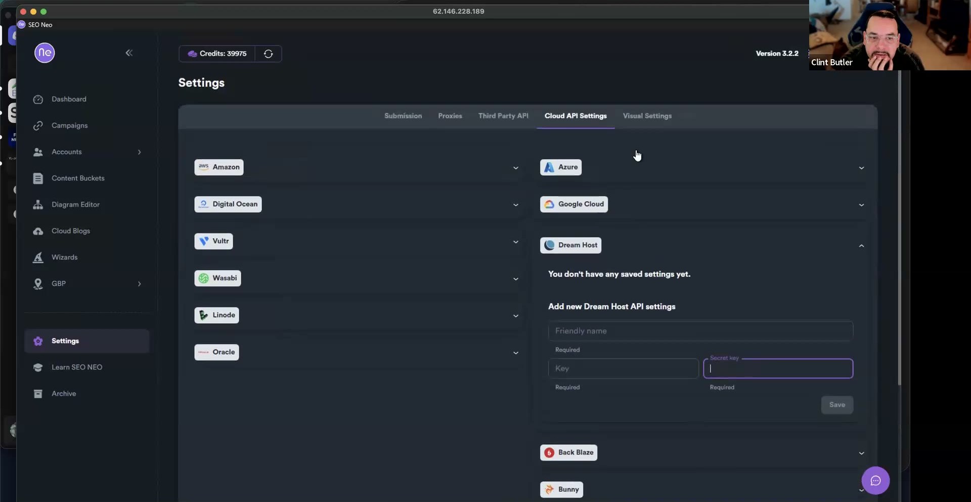 SEO Neo Settings — Cloud API Settings tab listing the cloud providers, each with a Friendly name / Key / Secret key form