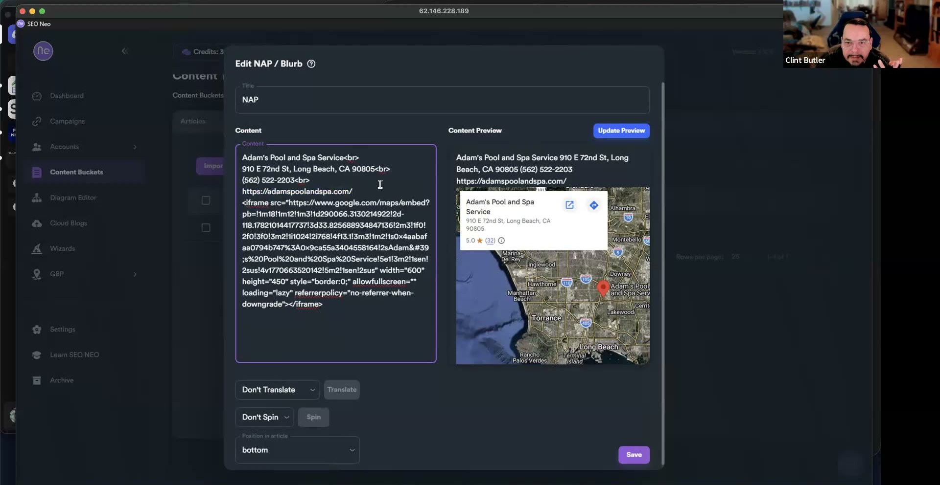 SEO Neo Edit NAP / Blurb dialog — the HTML NAP block on the left, live Content Preview with a Google Map and a 5.0 (32) rating card on the right