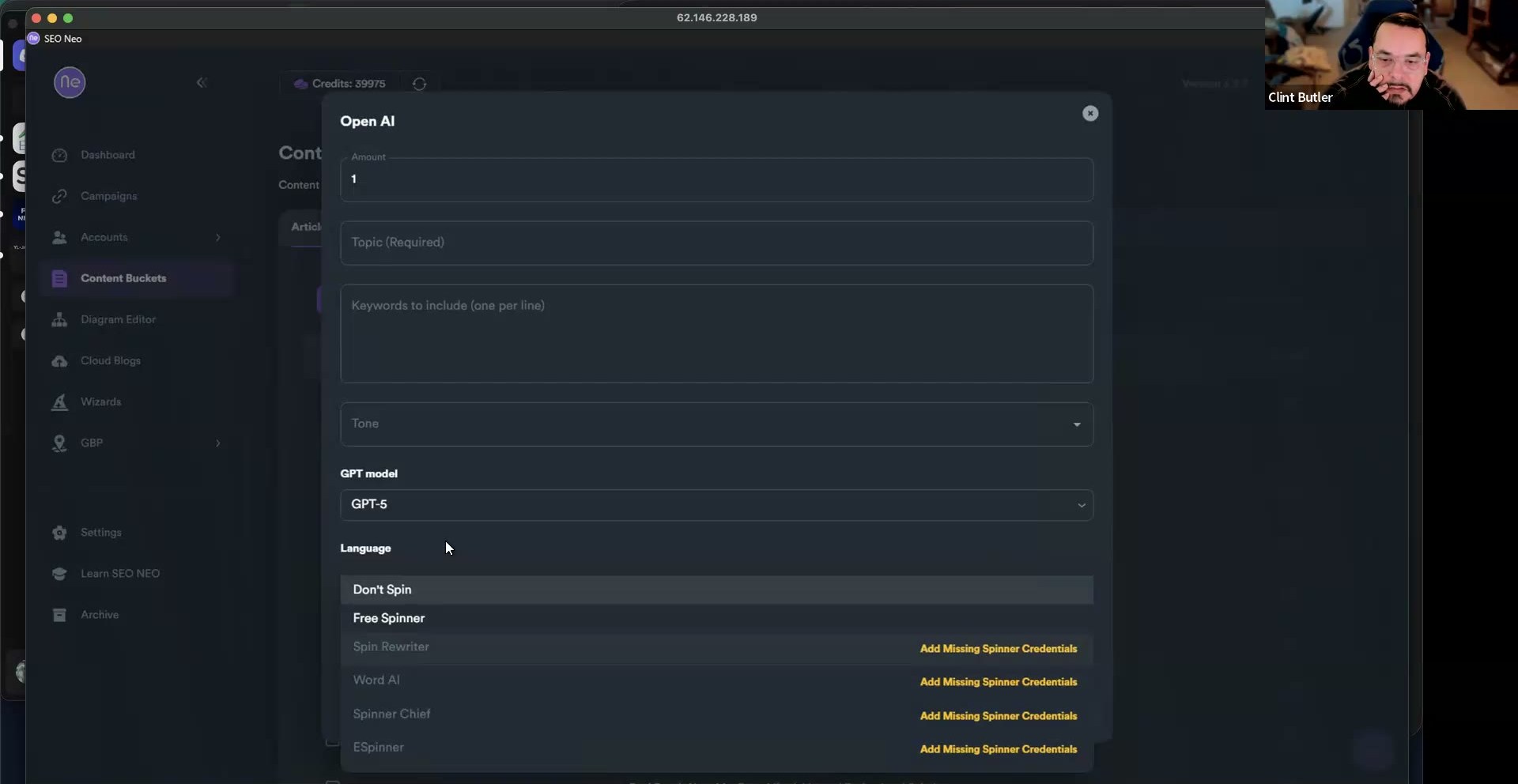 SEO Neo OpenAI / Article Builder generate dialog — GPT model set to GPT-5 with the spinner dropdown open
